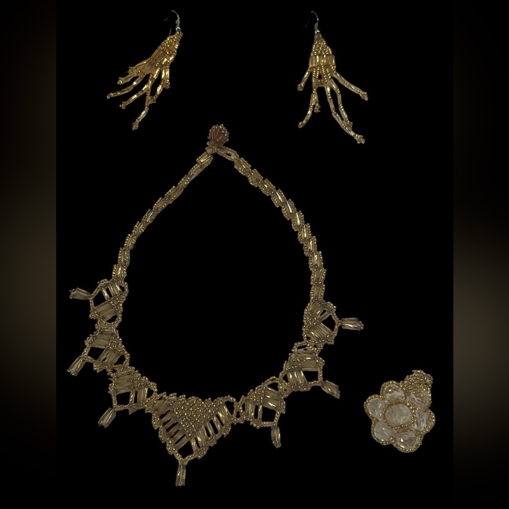 Vintage Handmade 1950s-60s Gold Tone Beaded Bib Necklace set.